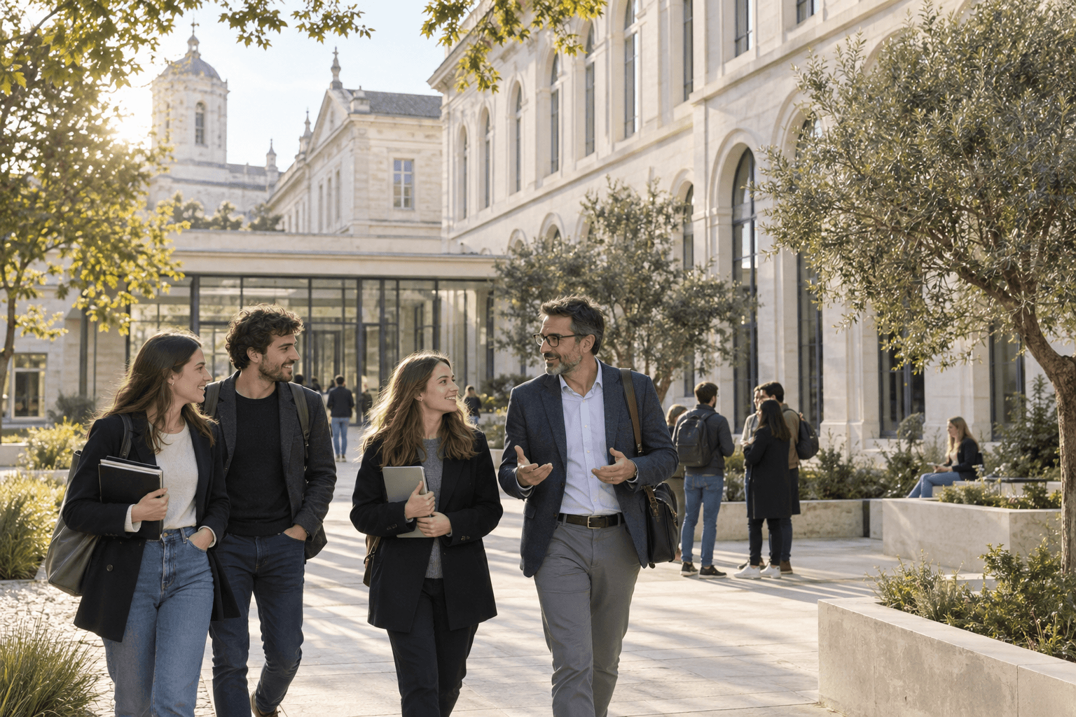 Scène d’illustration : échanges entre étudiants et enseignants sur un campus
